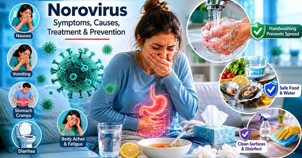 Medical illustration showing norovirus infection, digestive symptoms, and prevention measures such as handwashing and food safety.