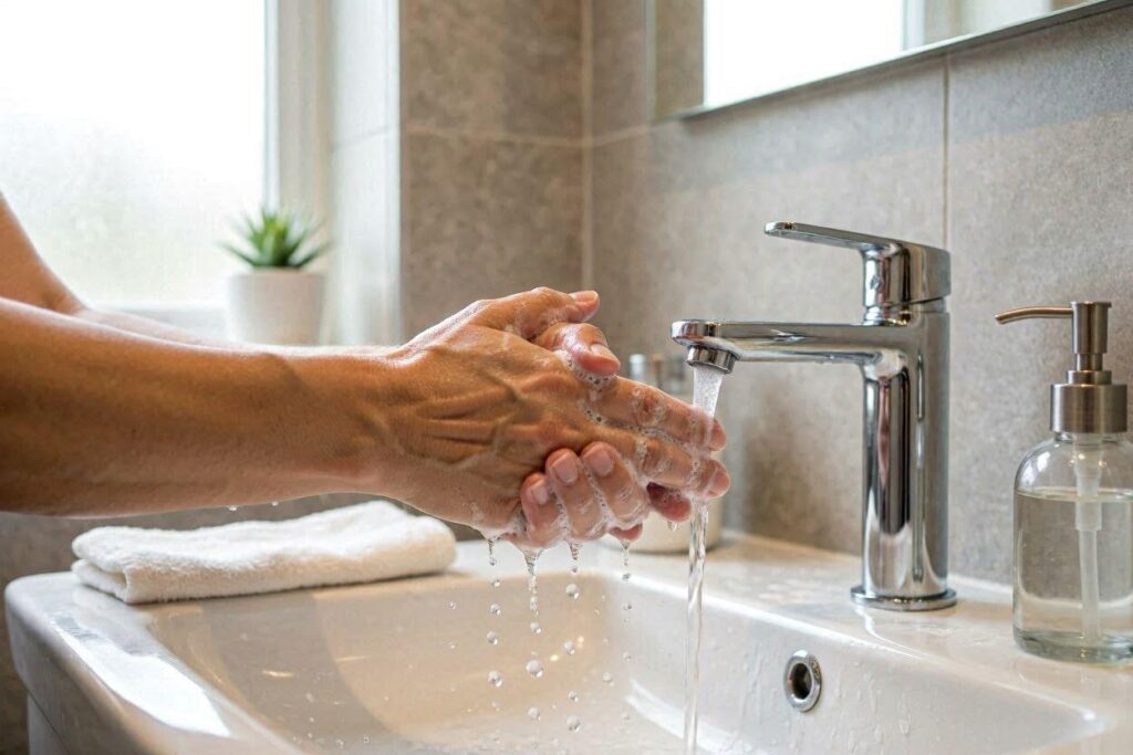 Handwashing with soap to help prevent norovirus infection.