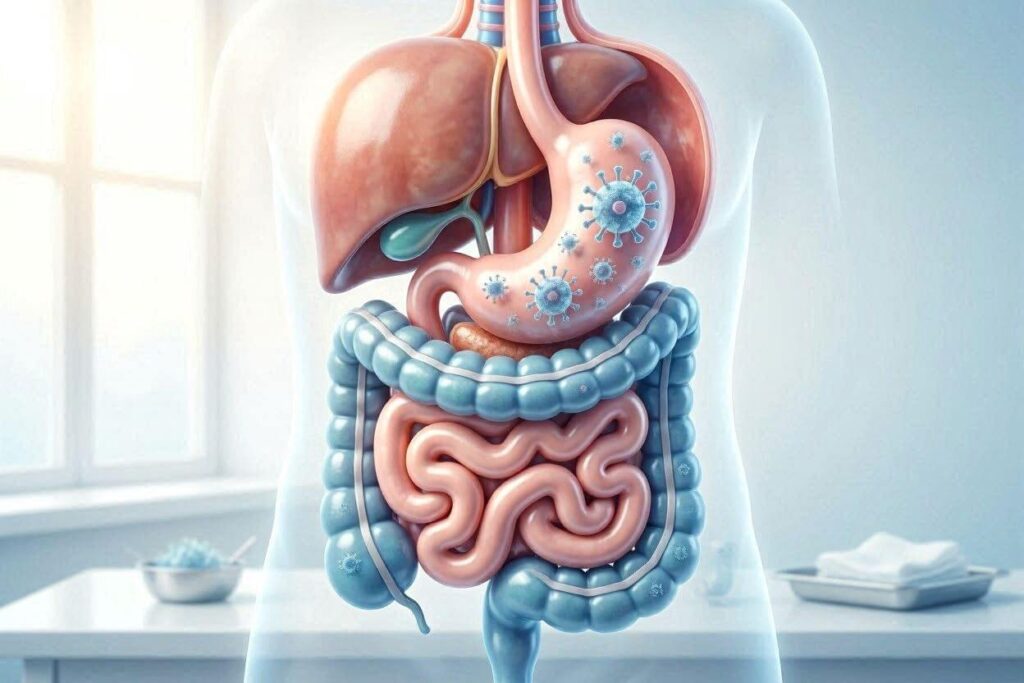 Illustration showing norovirus affecting the digestive system.